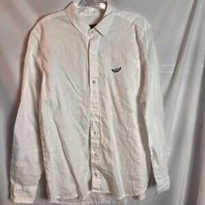 Women's White Linen long slv button front collared shirt Size L